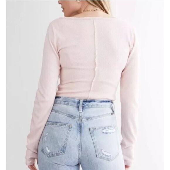 Free People Sloane Bodysuit Henley Knit Long Sleeve Pink Nectar X-Small NEW - Picture 4 of 10
